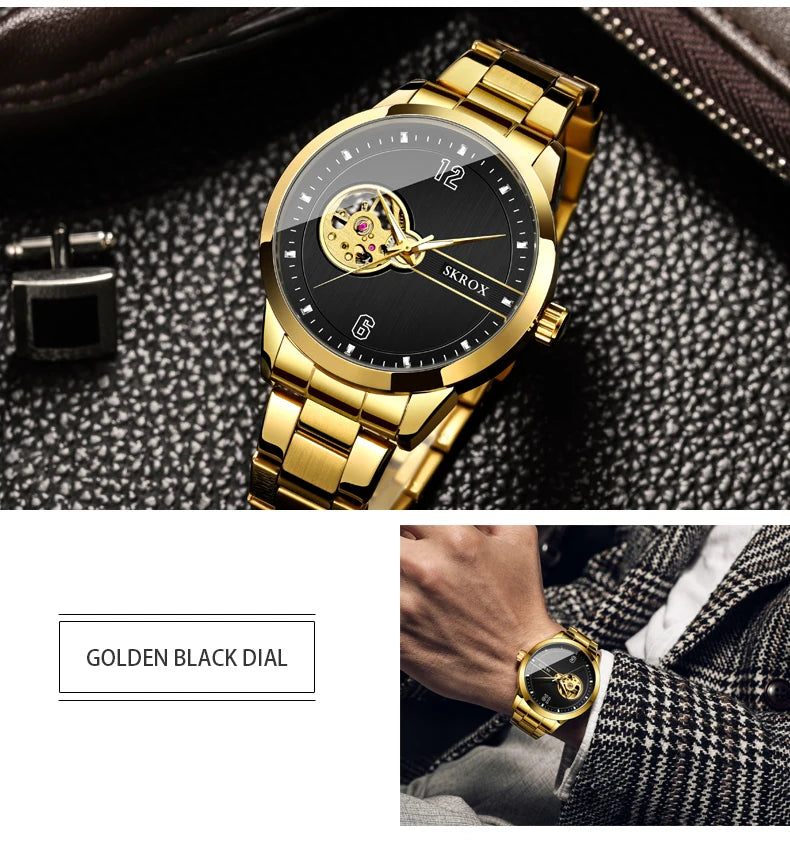 SKROX Original Luxury Brand Waterproof Tourbillon Automatic Clock Steel Skeleton Mechanical Man Watch Business Male Wristwatches