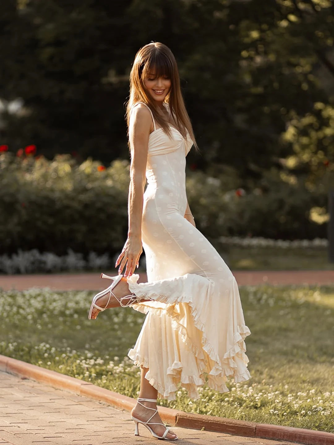 Elegant Polka Dot Maxi Dress For Women Sweetheart Neck Ruched Bodycon Mermaid Long Skirt Ruffle Hem Split Party Evening Gown
