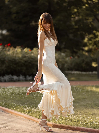 Elegant Polka Dot Maxi Dress For Women Sweetheart Neck Ruched Bodycon Mermaid Long Skirt Ruffle Hem Split Party Evening Gown