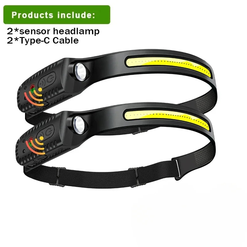 COB LED Headlamp Induction Head Lamp Built-in Battery USB Rechargeable Head Flashlight Outdoor Camping Fishing Sensor Headlight