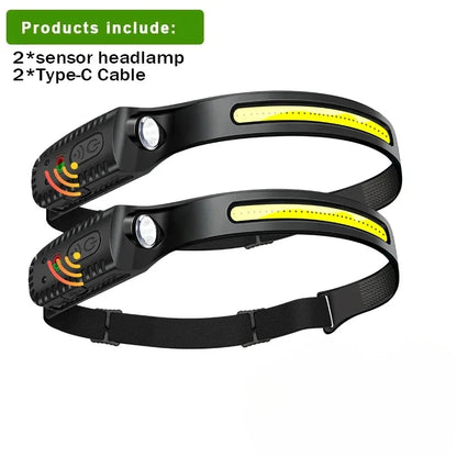 COB LED Headlamp Induction Head Lamp Built-in Battery USB Rechargeable Head Flashlight Outdoor Camping Fishing Sensor Headlight