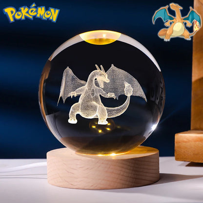 6CM Pokemon 3D Crystal Ball Figure Toy Anime Gengar Rayquaza Pikachu Lugia Vaporeon Glass Ball Model Night Light Room Decoration