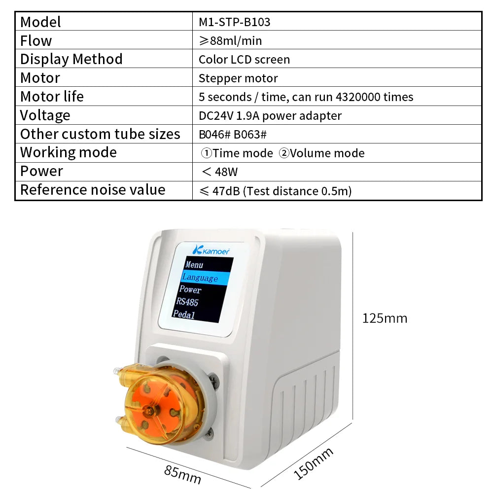 Kamoer 86ml/min M1-STP Peristaltic Pump 24V High Precision Stepper Motor Variable Speed Pump with Pedal for Lab, Experiments