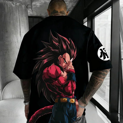 2026 Summer Dragon Ball Oversized T-shirt High Quality 100% Cotton Kid Goku with Power Pole Line Art Print UnisexCasual Y2K