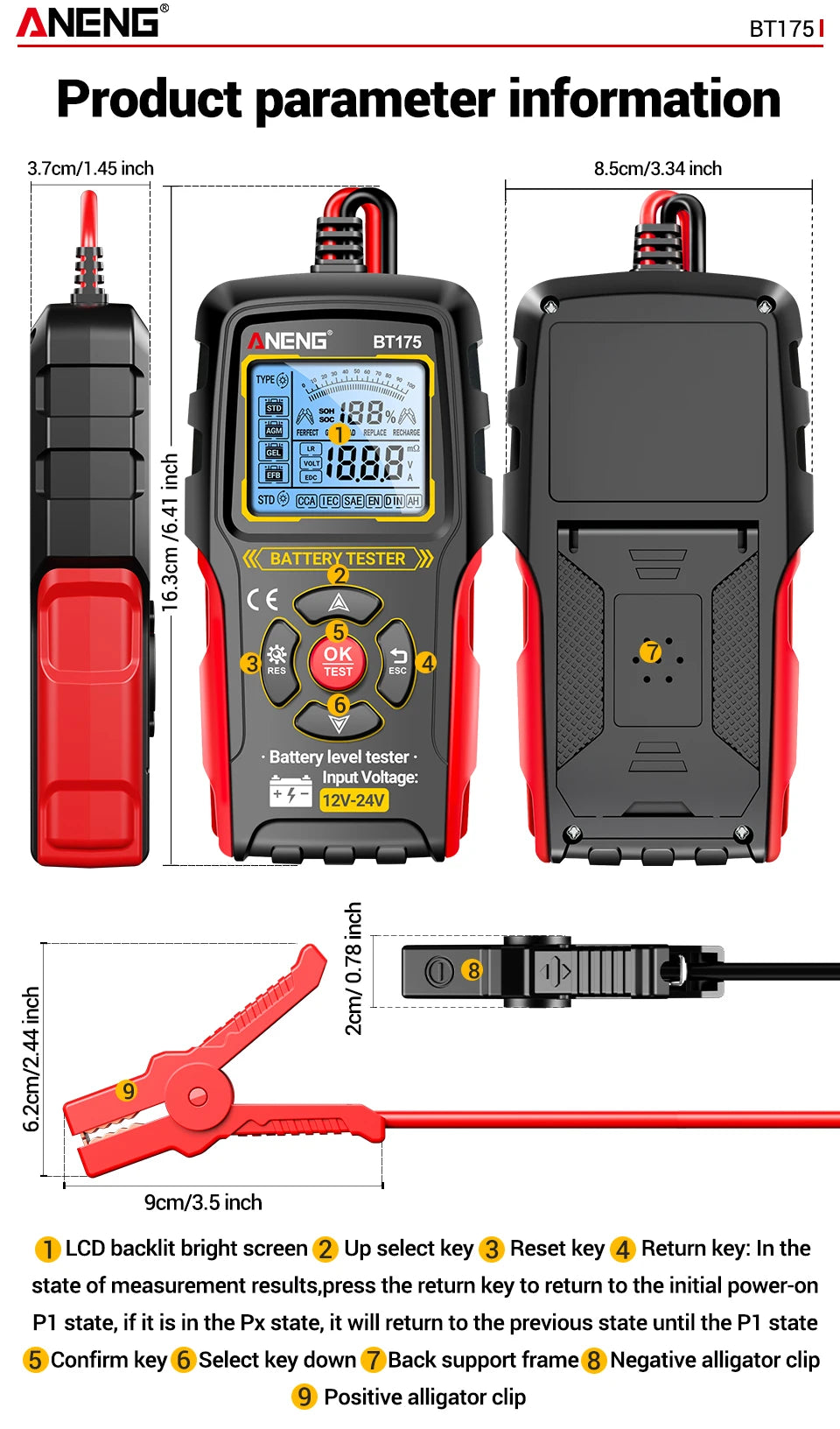12V 24V Digital Car Battery Tester Alternator Automotive Analyzer Display Screen ANENG BT175 With Insulated Alligator Clip Tools