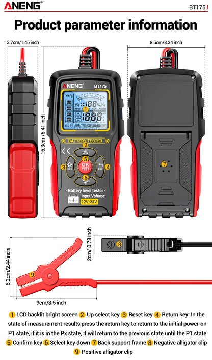 12V 24V Digital Car Battery Tester Alternator Automotive Analyzer Display Screen ANENG BT175 With Insulated Alligator Clip Tools