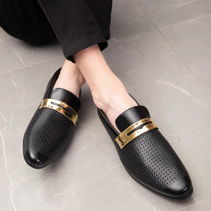 Men's summer hollow breathable double-layer casual shoes Men Slip on Wedding Dress Men's summer hollow breathable leather shoes