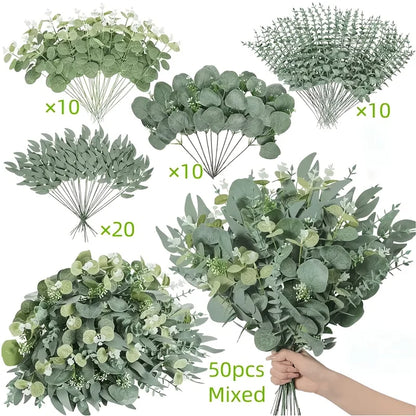 50/90PCS Artificial Flowers Bouquets Mixed Eucalyptus Leaves Willow Silver Eucalyptus Cuttings for Wedding Floral DIY Home Decor