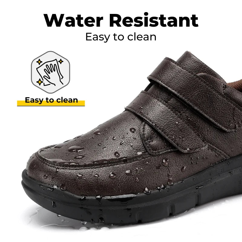 Men'S Wide Walking Shoes Hook And Loop Comfortable Leather Business Shoes Orthopedic Diabetic Shoes For Swollen Feet