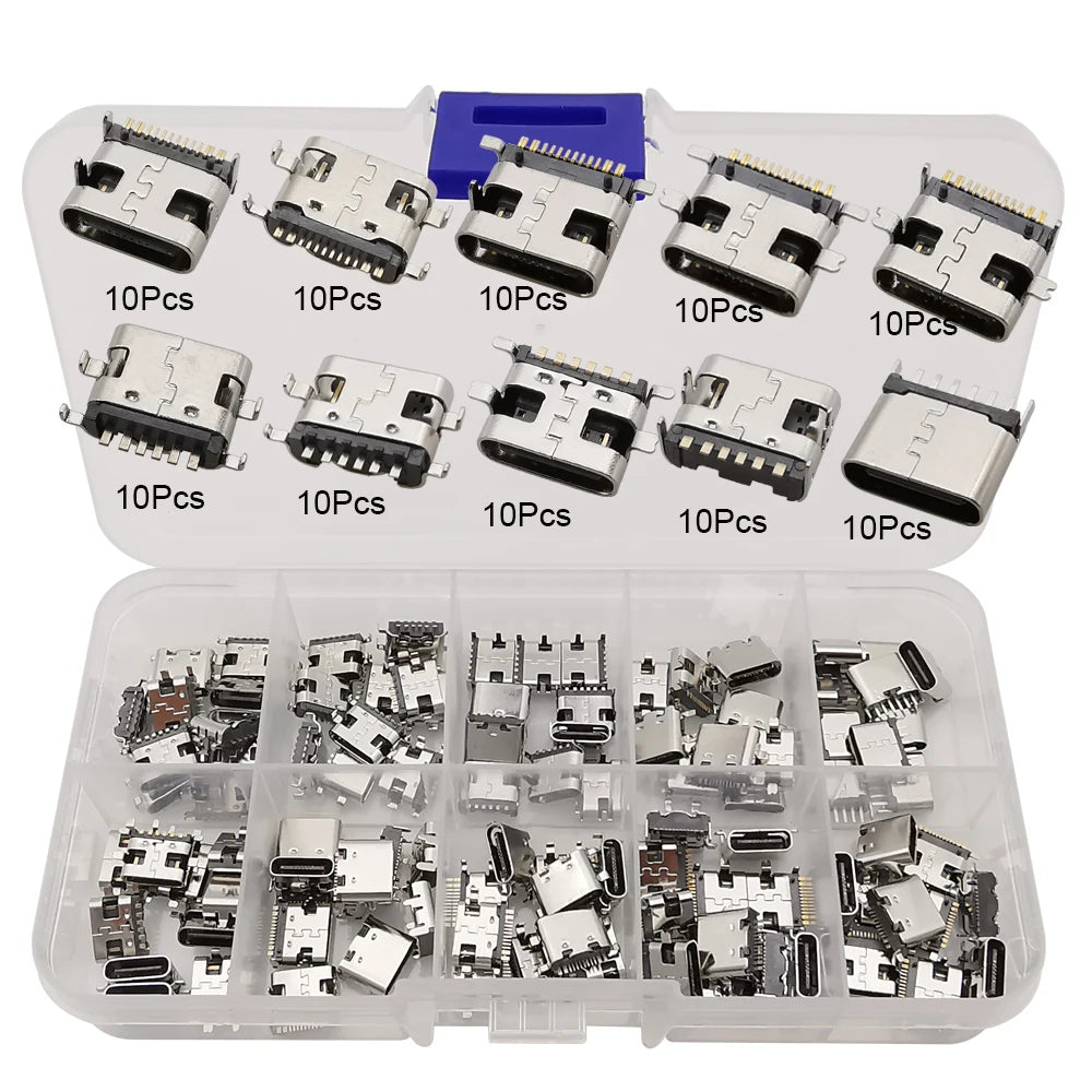 40/80/100Pcs Mix 2Pin 6Pin 16Pin Type C USB Charging Dock Connectors Type-C PCB DIY Repair Kits USB-C Digital Product For Phone