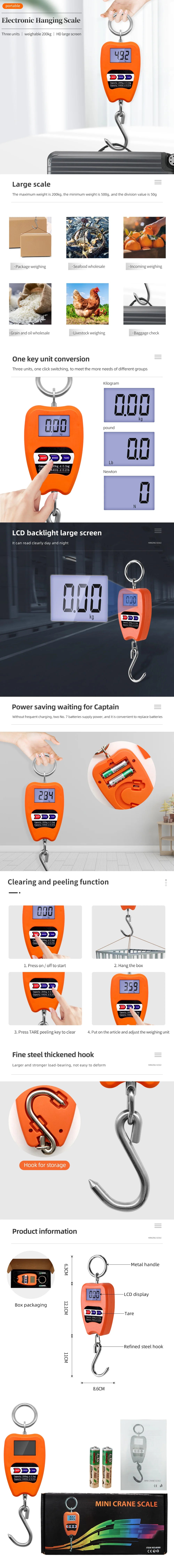 200kg/50kg Hanging Scale Digital Backlight Electronic Scales Fishing Weights Pocket Scale Luggage Crane Scale