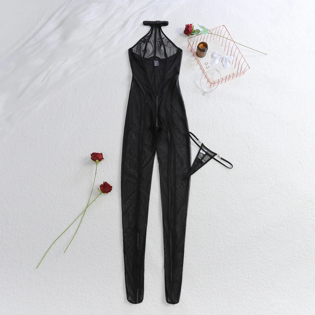 Fashionable slimming vertical stripe 2025 black silk see through sheer slim fit and sexy hanging neck jumpsuit