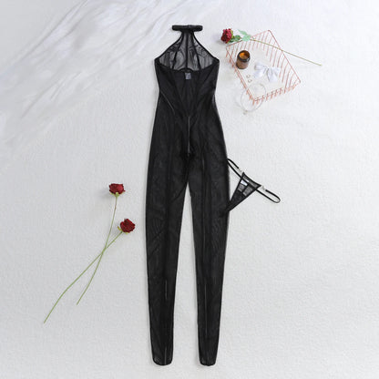Fashionable slimming vertical stripe 2025 black silk see through sheer slim fit and sexy hanging neck jumpsuit