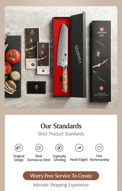 XINZUO Bunka Knife 8.3 Inches 67 Layers Damascus Steel Handcrafted Kitchen Tool Figured Sycamore Wood Handle High-end Gifts