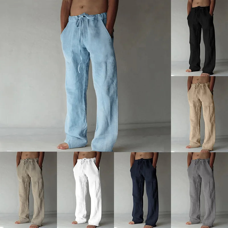 Men's Cotton Linen Long Pants Summer Solid Color Breathable Linen Trousers Male Casual Elastic Waist Casual Pants  Men ﻿