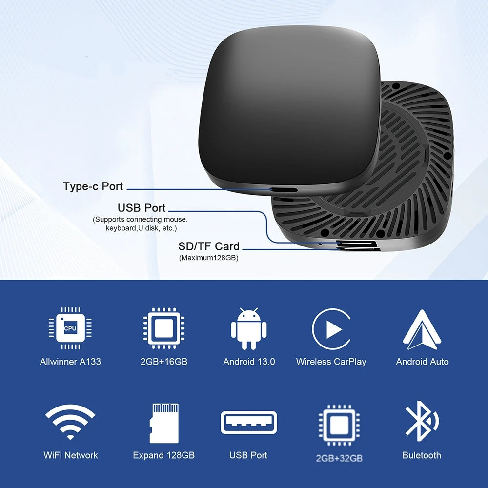 2026 Android13 CarPlay Ai Box Kowankit Wireless Android Auto 3in1 USB Adapter For Youtube Netflix Universal TV Box Plug And Play