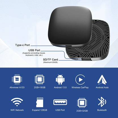 2026 Android13 CarPlay Ai Box Kowankit Wireless Android Auto 3in1 USB Adapter For Youtube Netflix Universal TV Box Plug And Play