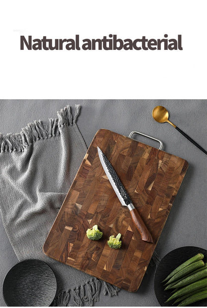 Large Acacia Wood Cutting Board, Checkerboard End Grain Butcher Block, Thick Reversible Wooden Chopping Board with Metal Handle