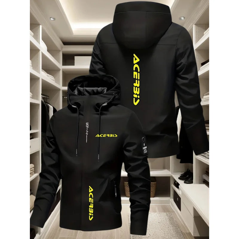 Men's Off-Road Motorcycle Style Hooded Jacket BIS Bright yellow logo print Windproof versatile casual functional jacket