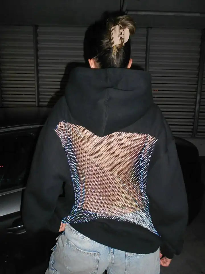 Hot Sweet Sparkling Rhinestone Mesh Transparent Hoodie Y2K Womens Fashion Sexy Backless Oversized Hoodie Casual Pullover Tops