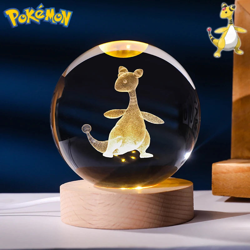 6CM Pokemon 3D Crystal Ball Figure Toy Anime Gengar Rayquaza Pikachu Lugia Vaporeon Glass Ball Model Night Light Room Decoration