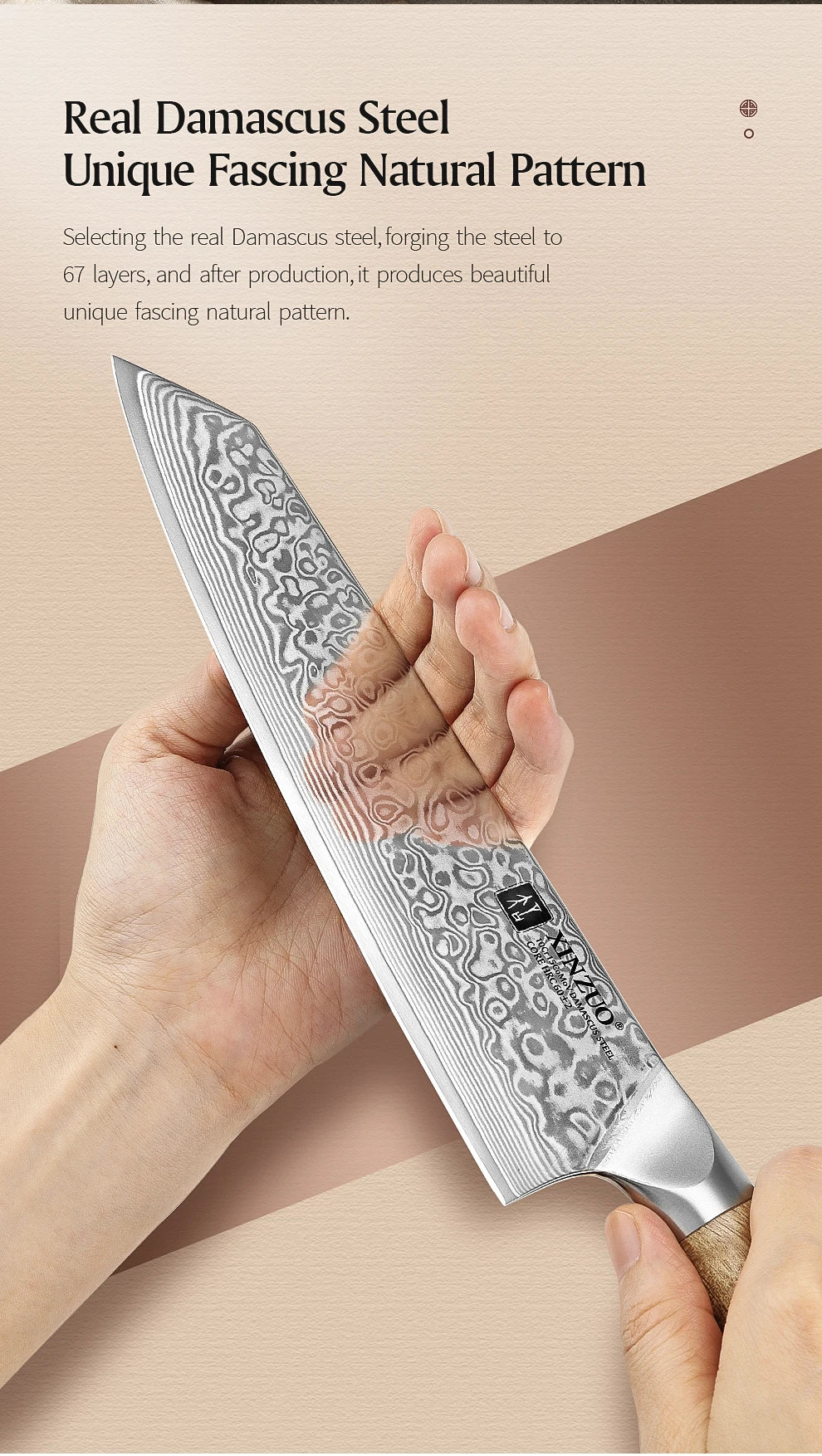 XINZUO Bunka Knife 8.3 Inches 67 Layers Damascus Steel Handcrafted Kitchen Tool Figured Sycamore Wood Handle High-end Gifts