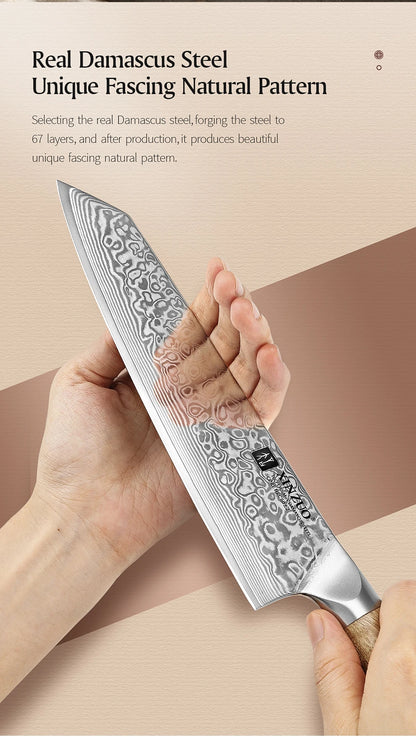 XINZUO Bunka Knife 8.3 Inches 67 Layers Damascus Steel Handcrafted Kitchen Tool Figured Sycamore Wood Handle High-end Gifts