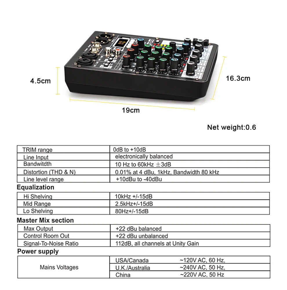 TKL 4 Channel 99 DSP Audio Mixer 48V Phantom Power USB Studio Sound Mixers Bluetooth DJ Console Mixing for Karaok