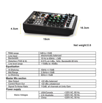 TKL 4 Channel 99 DSP Audio Mixer 48V Phantom Power USB Studio Sound Mixers Bluetooth DJ Console Mixing for Karaok