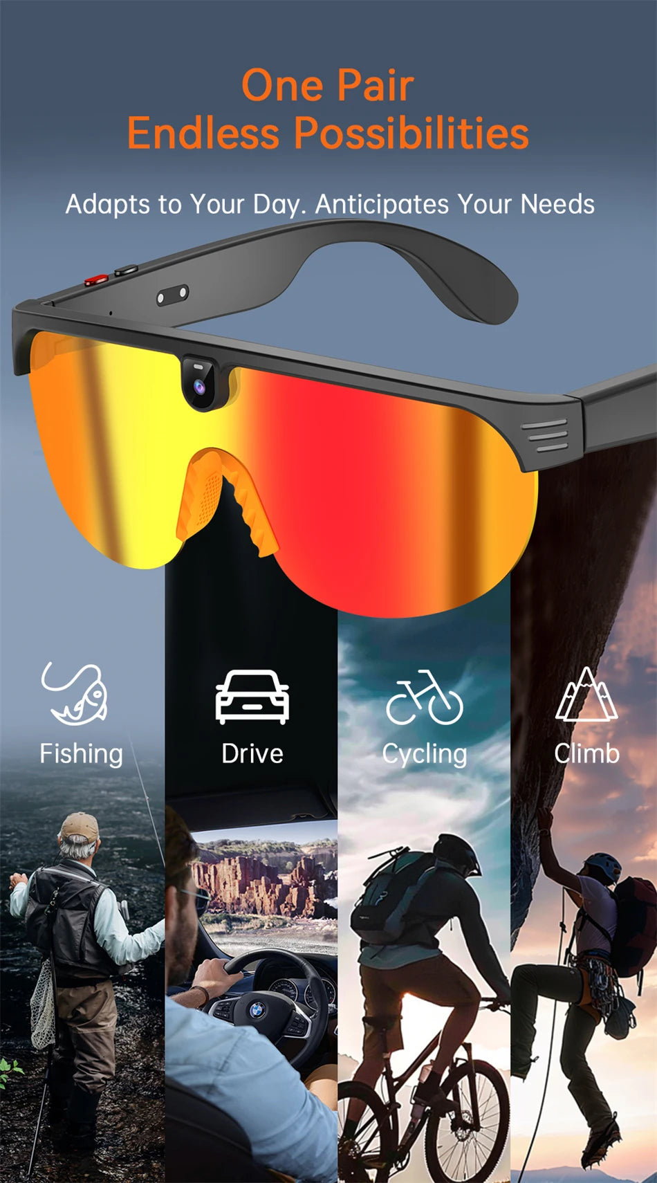 4K Polarized AI Smart Cycling Glasses Men 800W Camera Video Recording Translation Sunglasses Bluetooth Call Music Sports Glasses
