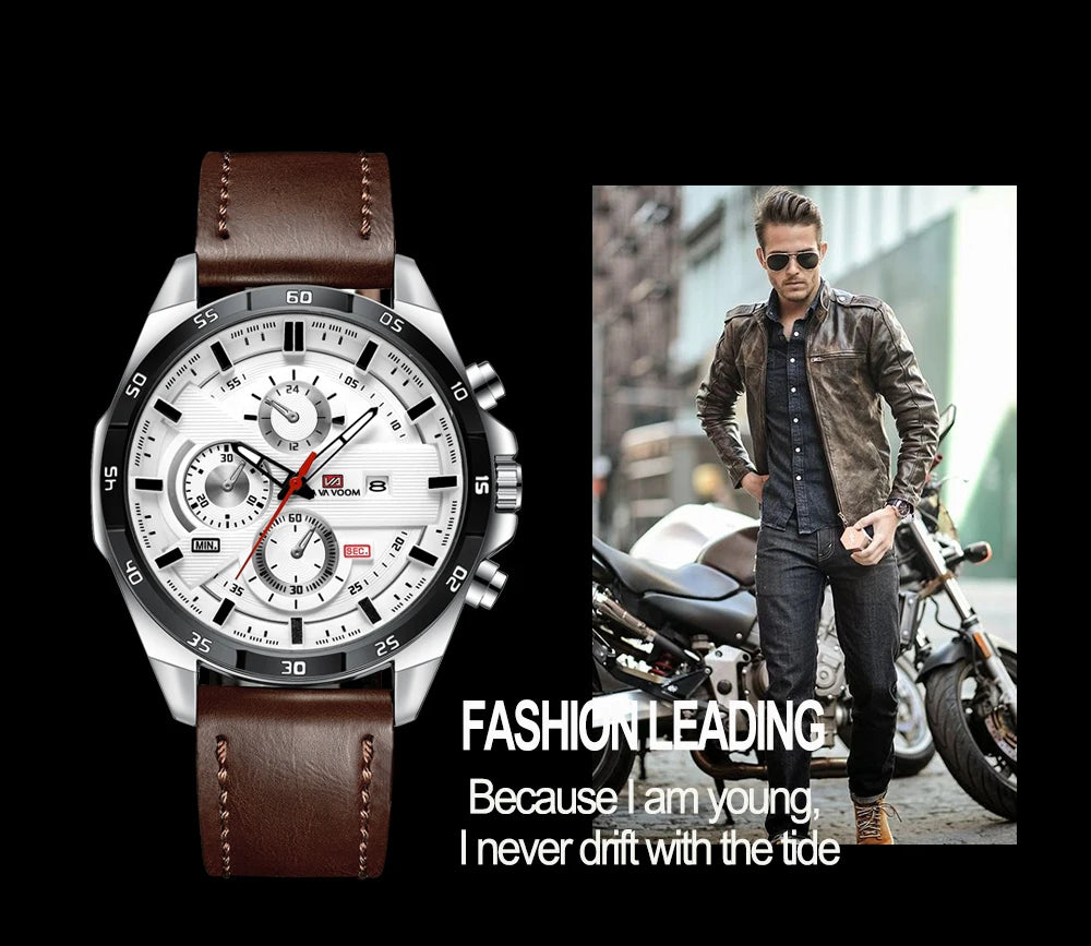 Man Sports Watches Fashion Racing Series 46mm Black Leather Clock VA VA VOOM Quartz Movement 3Bar Waterproof Wrist Watch for Men