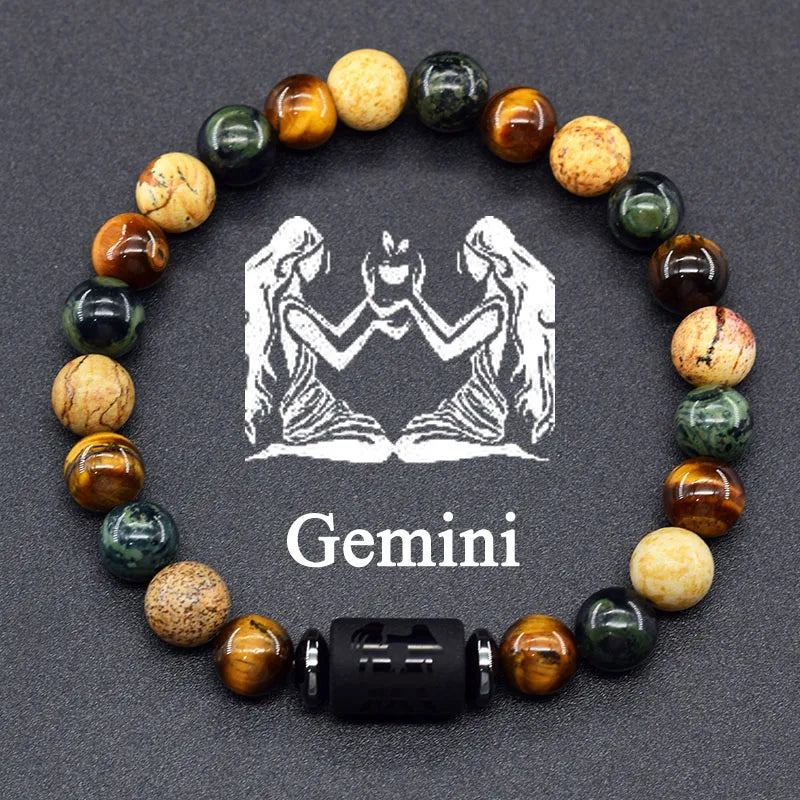 12 Zodiac Constellation Signs Bracelets for Men Women Real Natural Tiger Eye Stone Bead Bracelet Leo Taurus Charm Couple Jewelry