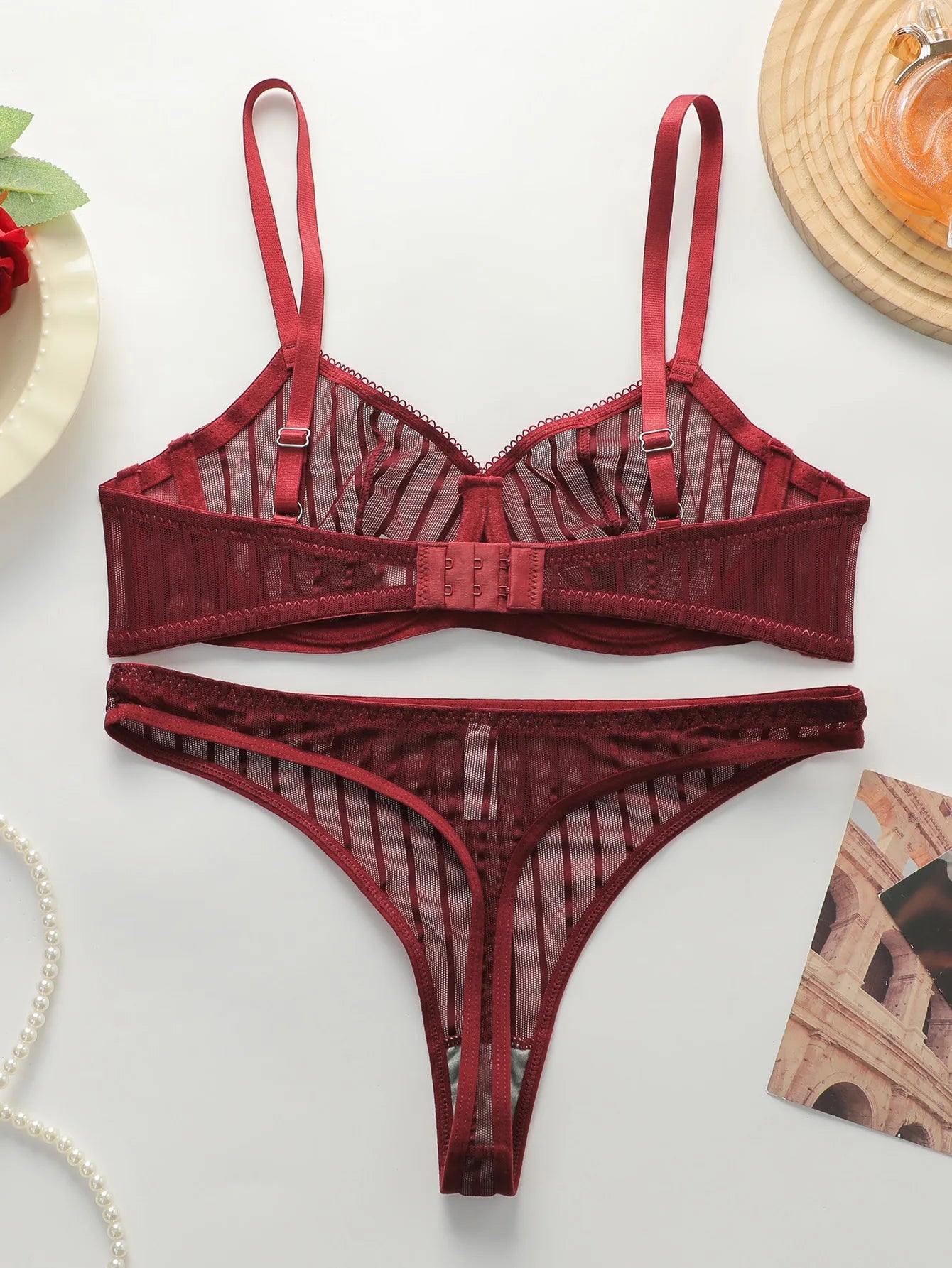 fashion stripes Style Lace Lingerie Set ultra-thin red lace Bra & Thong Sexy ultra-thin Underwear set Ideal Gift for Her MR2864