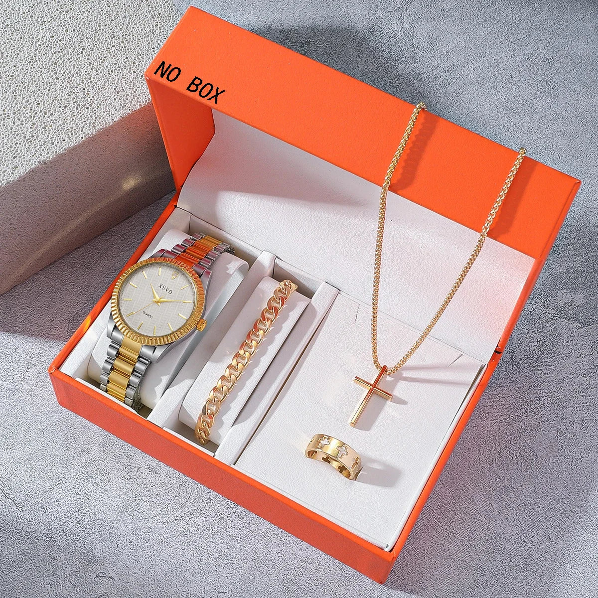 Fashion Trend Round Dial Alloy Material Women's Quartz Watch Jewelry 4 Piece Set, Suitable for Christmas and Thanksgiving Gifts