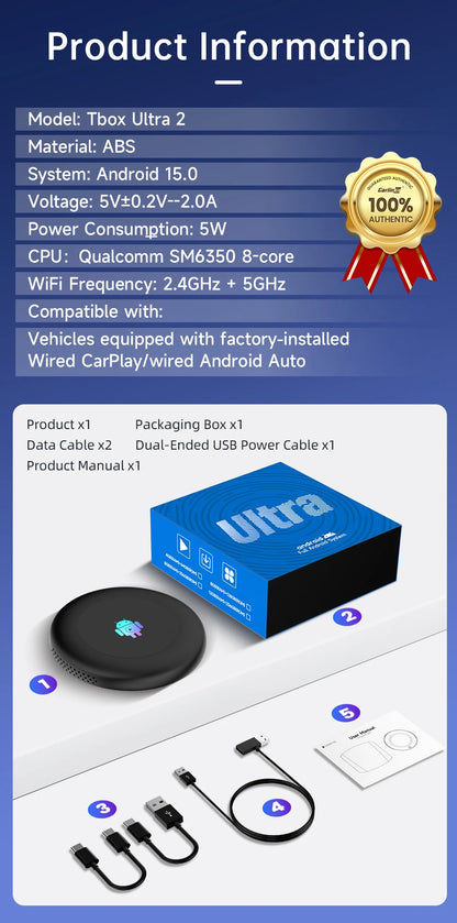 2026 5G Tbox Ultra2 Android 15 Wireless CarPlay Ai Box Android Auto Adapter SM6350 128GB 8-Core for BMW Youtube Netflix FOTA