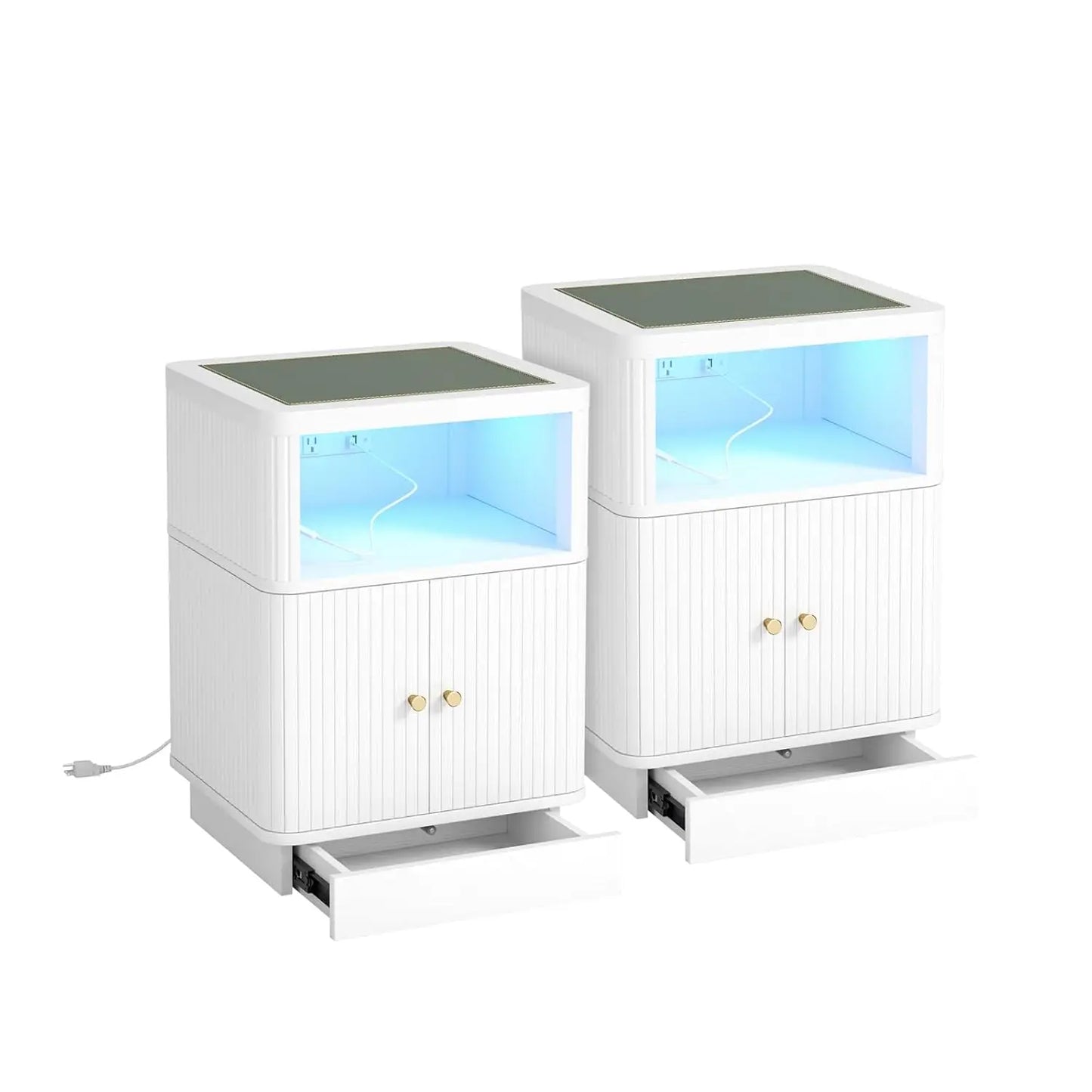 Night Stand With Charger Station, Modern Nightstand Set Of 2 With Hidden Drawer, Saddle Leather Top, Smart LED, And, Customized