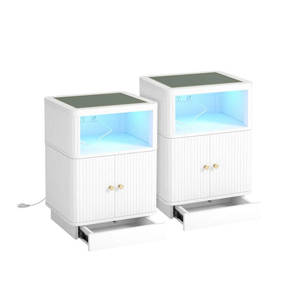 Night Stand With Charger Station, Modern Nightstand Set Of 2 With Hidden Drawer, Saddle Leather Top, Smart LED, And, Customized