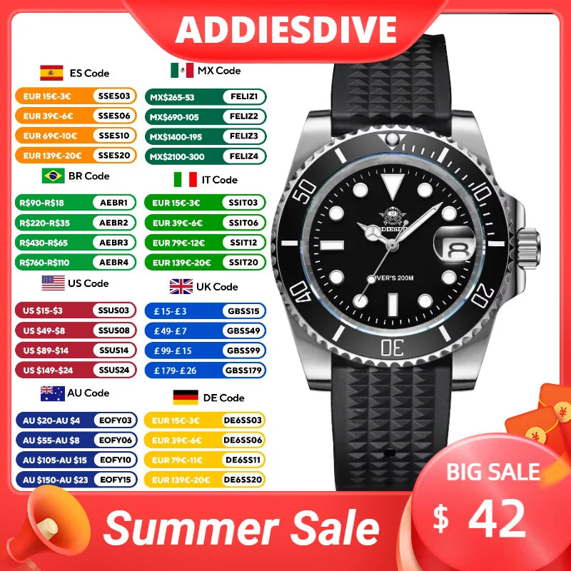 ADDIESDIVE MY-H3-2 Men's Dive Quartz Watch 41mm Fashion Stainless Steel Wristwatch 200M Calendar Display Luminous Watches ForMen