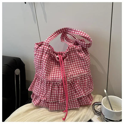 Cute Plaid Cotton Tote Bag Large Capaci Lace Trim Women's Summer 2026 Simple Lady Handbag Soft Shoulder Bags Bolsa Feminina