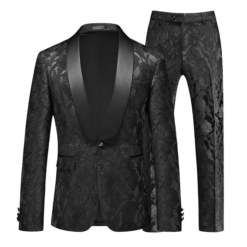 Man Outfit Fashion Printed Patchwork Slim Long Sleeve Men Suit Sets Single-breasted Blazer Straight-leg Pants Male 2-piece Suits