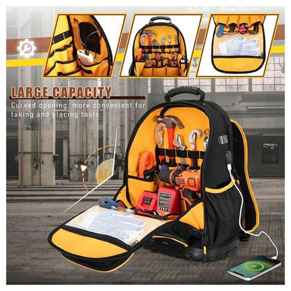 Heavy-duty tool backpack with detachable tool storage pockets, large capacity storage bags, and multi-functional slip pockets.