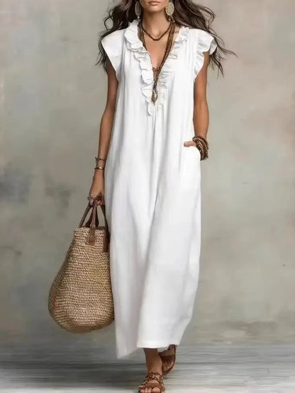 2026 Summer Women Boho Cotton Linen Maxi Dress Solid Color Ruffle V Neck Sleeveless Loose Long Dresses With Pockets Casual Beach