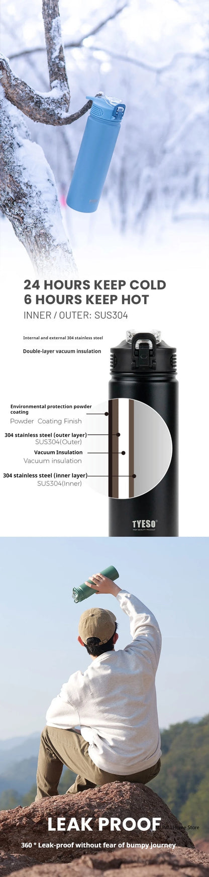 TYESO 600/750ML Stainless Steel Thermo Bottle Car Thermal Cup Sports Water Bottles Keep Cold and Hot Vacuum Flasks Insulated Cup