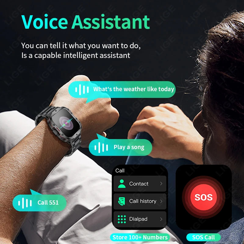 LIGE New Military Smart Watch Men Outdoor Sports 3ATM Waterproof  Blood Oxygen Bluetooth Call Watches Men Smartwatch For Android
