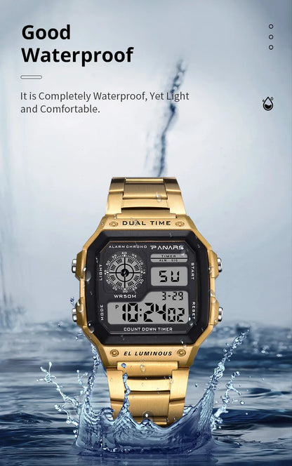 PANARS Top Luxury Stainless Steel Strap Sport Watches Mens Waterproof Back Light Digital Wristwatch Male Alarm