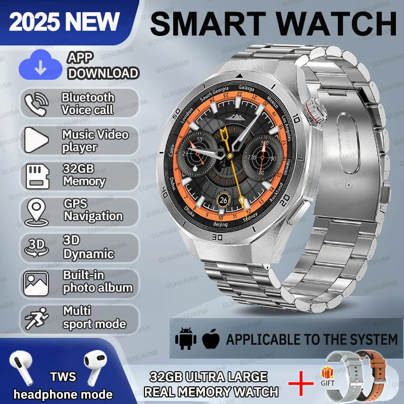 2025 NEW Fashion Men 32GB Big Memory SmartWatch APP Download TWS 3D Menu GPS Navigation Video Play Motion HD Call Watch GUHUAVMI