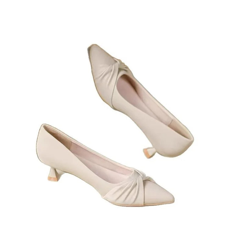 2026New spring and summer large-size elegant white high-heeled shoes for women, with thin heels and pointed toes, slip-on casual