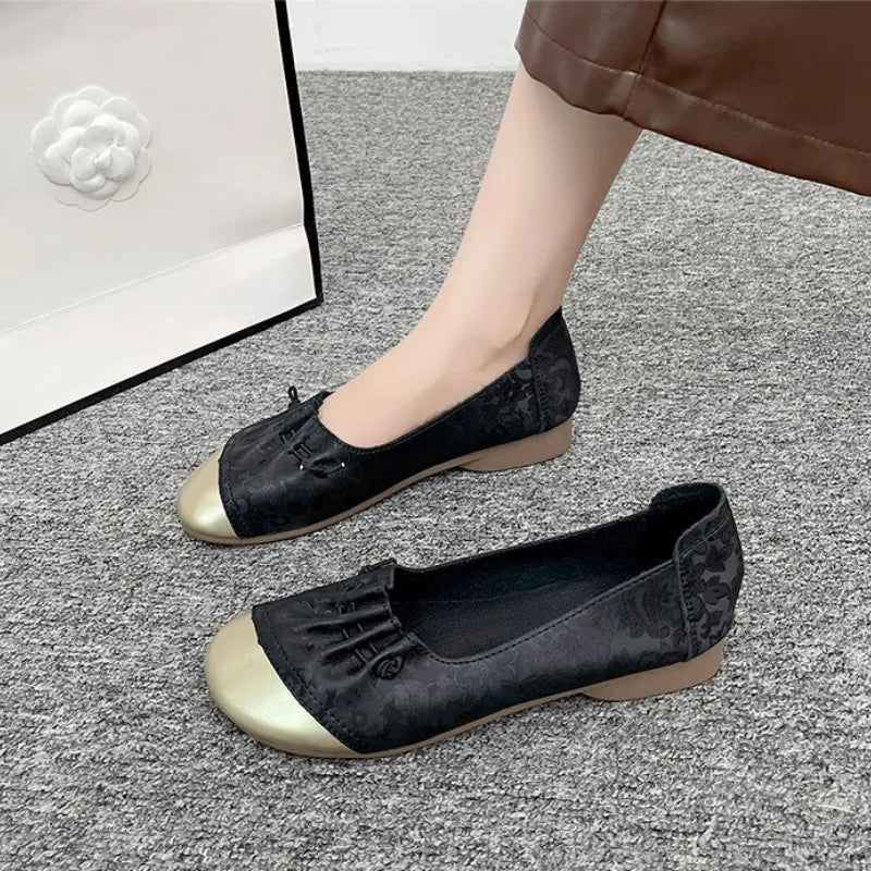 Chinese Style Color Block Slip-on Flats, Low Heel Comfortable Versatile Work Shoes for Women