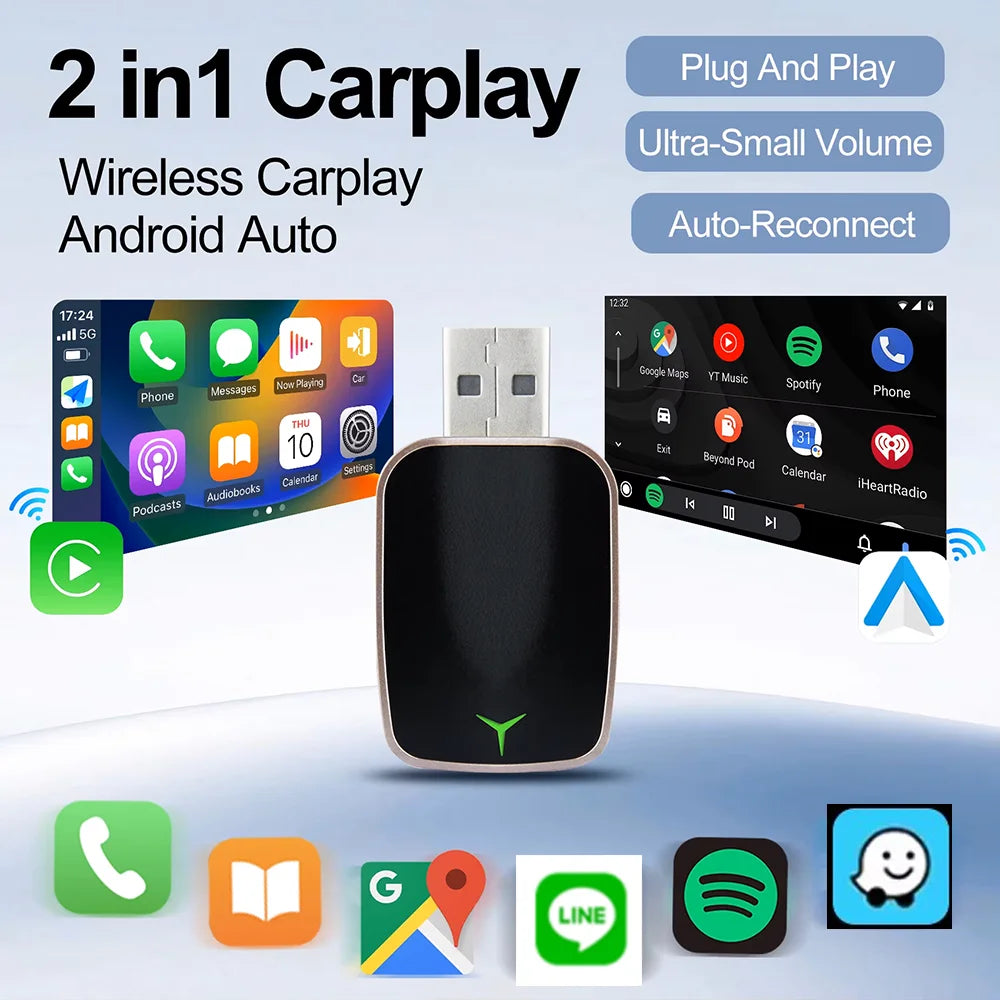 Mini Wireless Carplay Adapter Android Auto AI Smart USB Dongle 2 in 1  WiFi Fast Connect for Benz Chevrolet Ford Honda Toyota