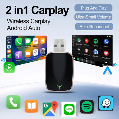 Mini Wireless Carplay Adapter Android Auto AI Smart USB Dongle 2 in 1  WiFi Fast Connect for Benz Chevrolet Ford Honda Toyota